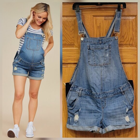 Indigo Blue Maternity Distressed Denim Bib Overalls Shortalls Size Large - Picture 1 of 11
